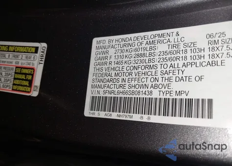 2025 Honda Odyssey Ex-L from USA, damaged, VIN 5FNRL6H66SB081438